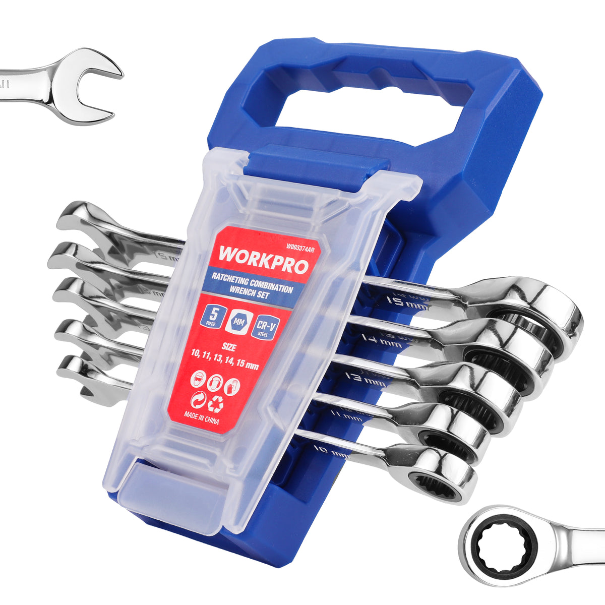 Workpro metric ratcheting wrench set with reflective chrome finish, blue holder, and clearly visible open ends