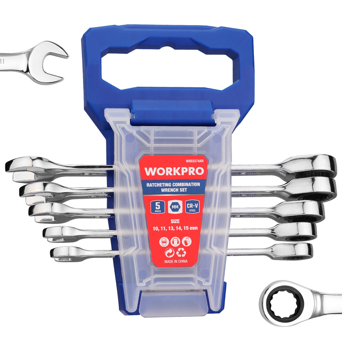 Workpro metric ratcheting wrench set in a blue case with polished metal surfaces and clearly marked size labels.