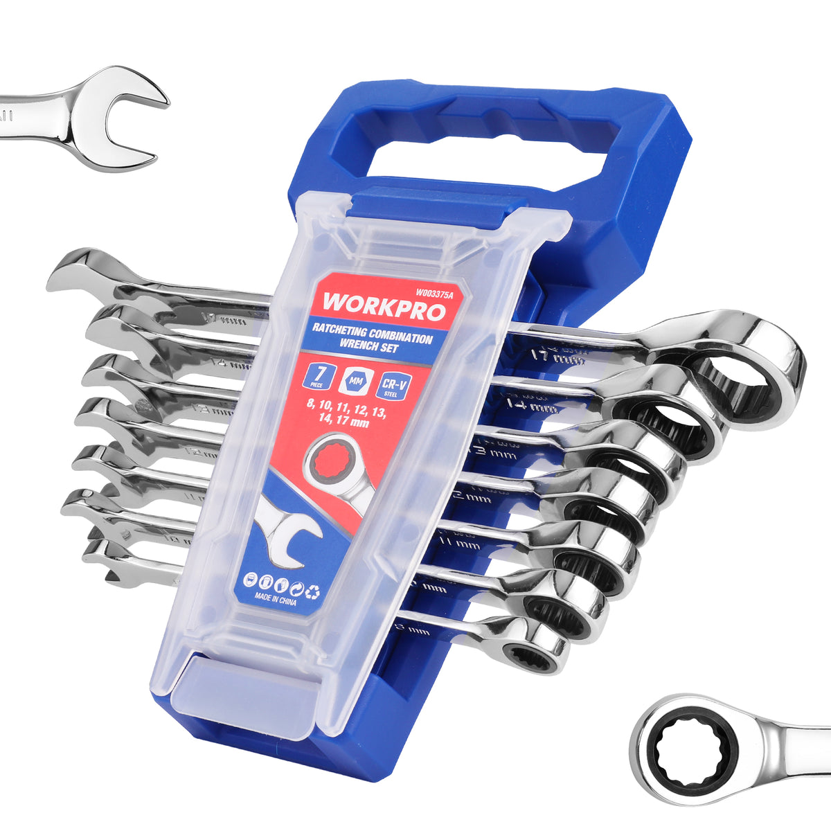 Workpro 7-piece metric ratcheting wrench set with polished metal finish and clearly marked sizes for identification