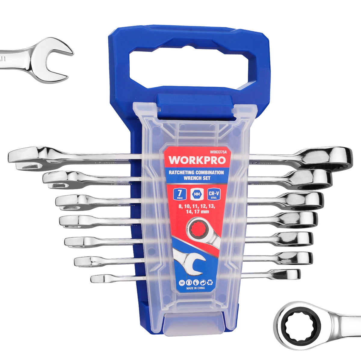 Workpro 7-piece metric ratcheting wrench set in a blue organizer with polished silver open and box ends