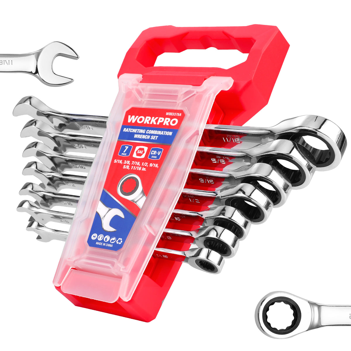 Workpro ratcheting wrench set with polished chrome finish and a red holder, showing open and ring ends