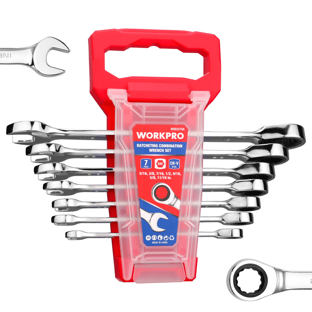 Workpro SAE ratcheting wrench set with polished metal tools arranged in a red storage holder, showing open and box ends.