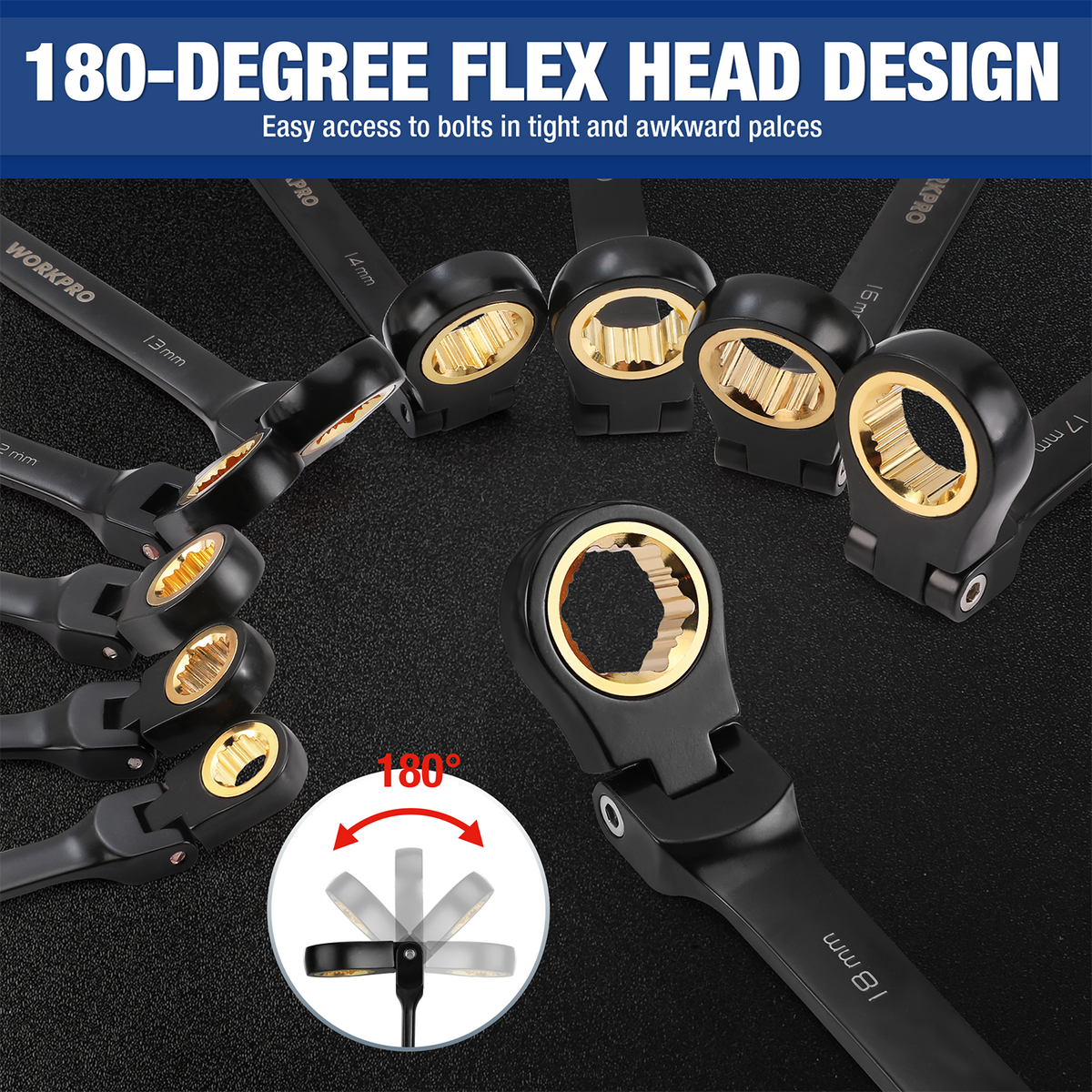 Flex-head ratcheting wrenches with anti-slip teeth, showing multiple sizes