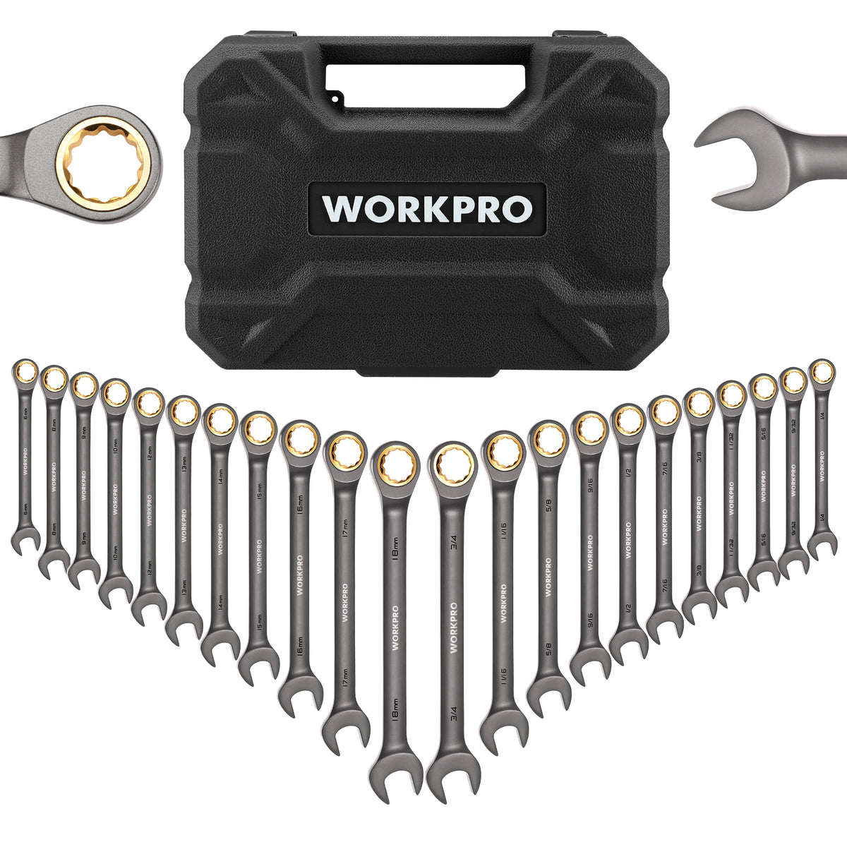 Ratcheting wrench set with organizer box, metric and SAE open-end wrenches