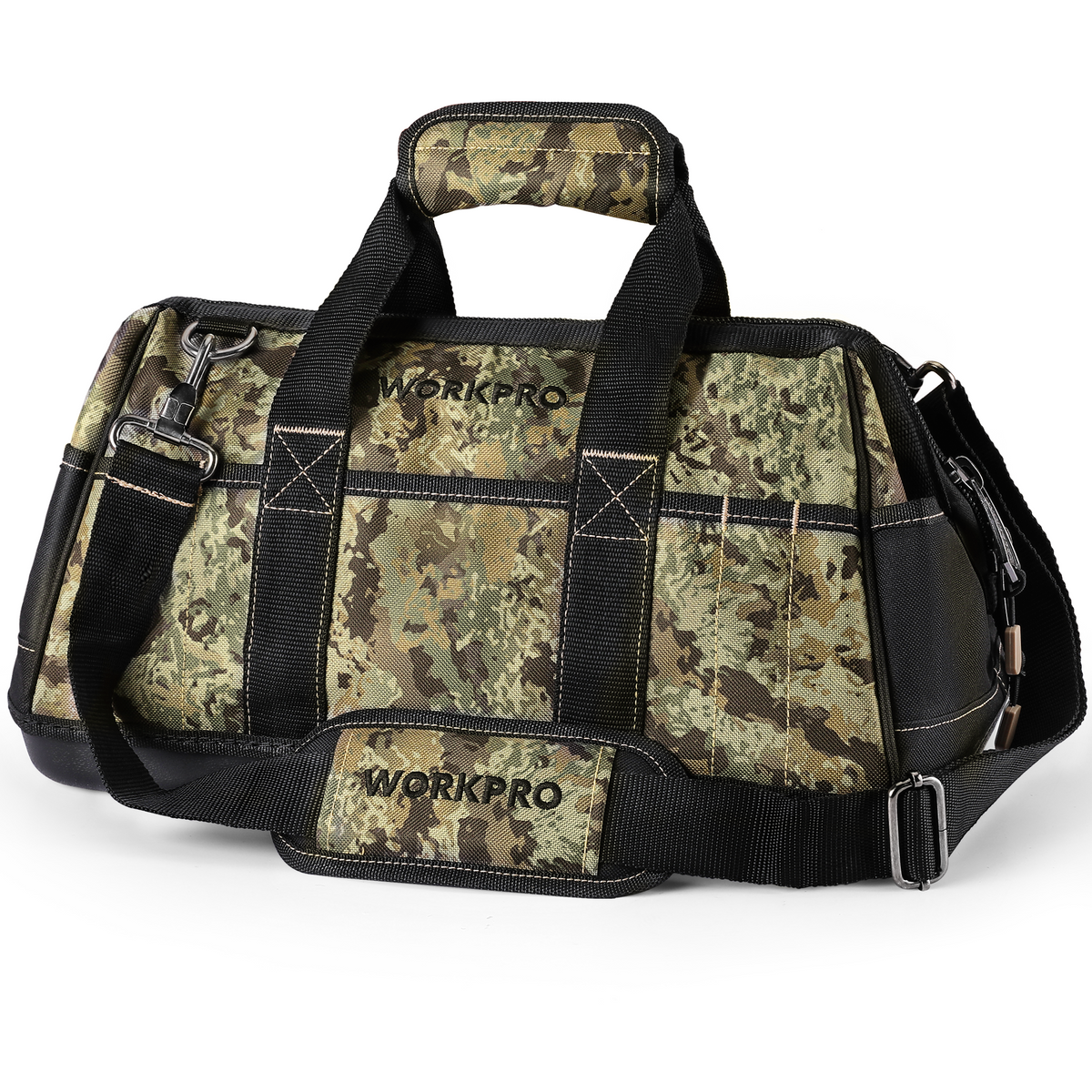 Camouflage tool bag with multiple front panels, webbing handles, and adjustable shoulder strap