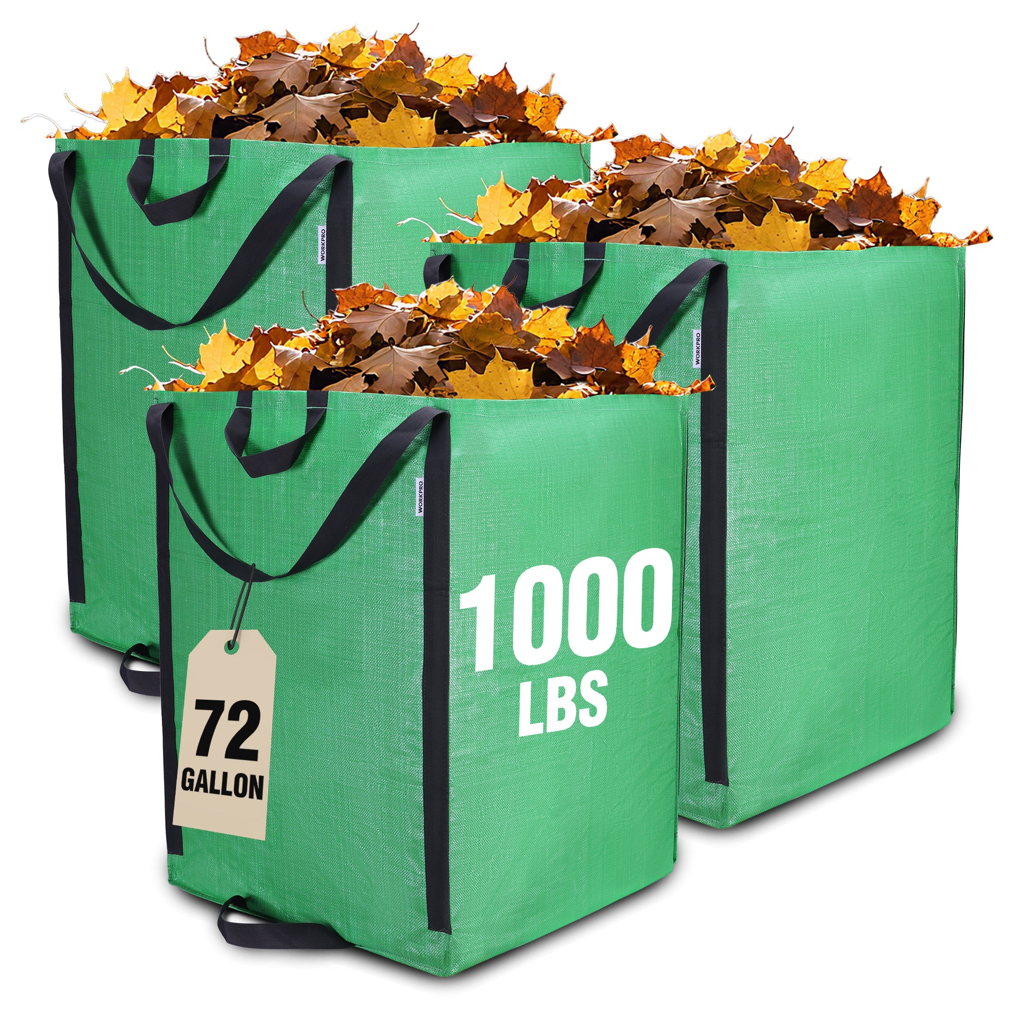 Workpro reusable yard waste bags in green with high-density PP woven material for collecting leaves, branches, and grass