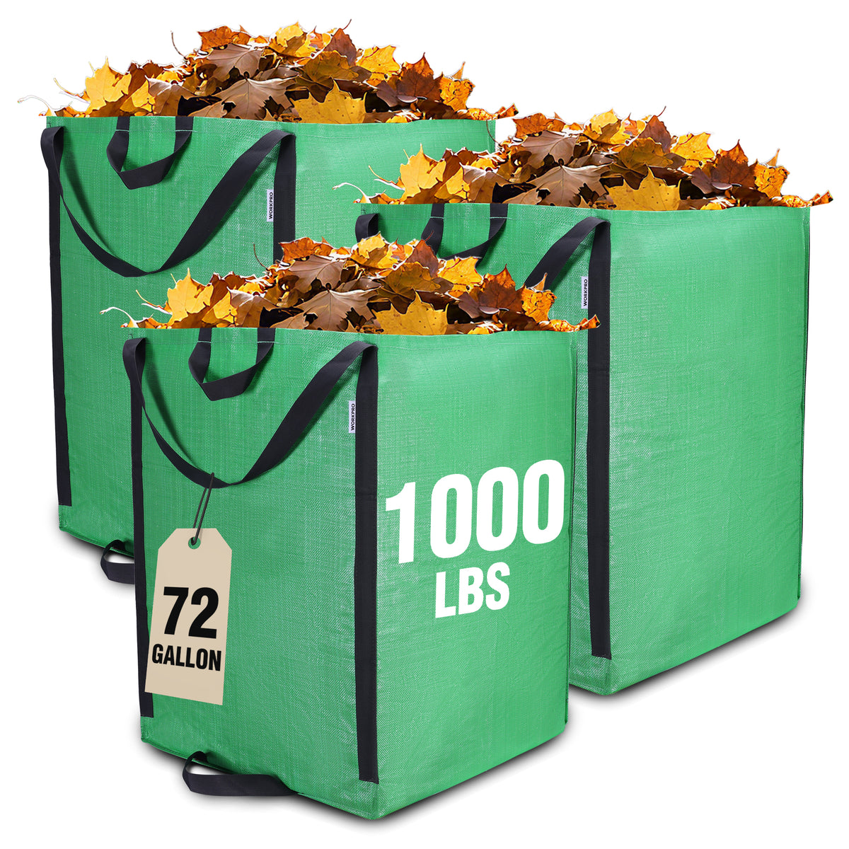 Workpro reusable yard waste bags in green with high-density PP woven material for collecting leaves, branches, and grass