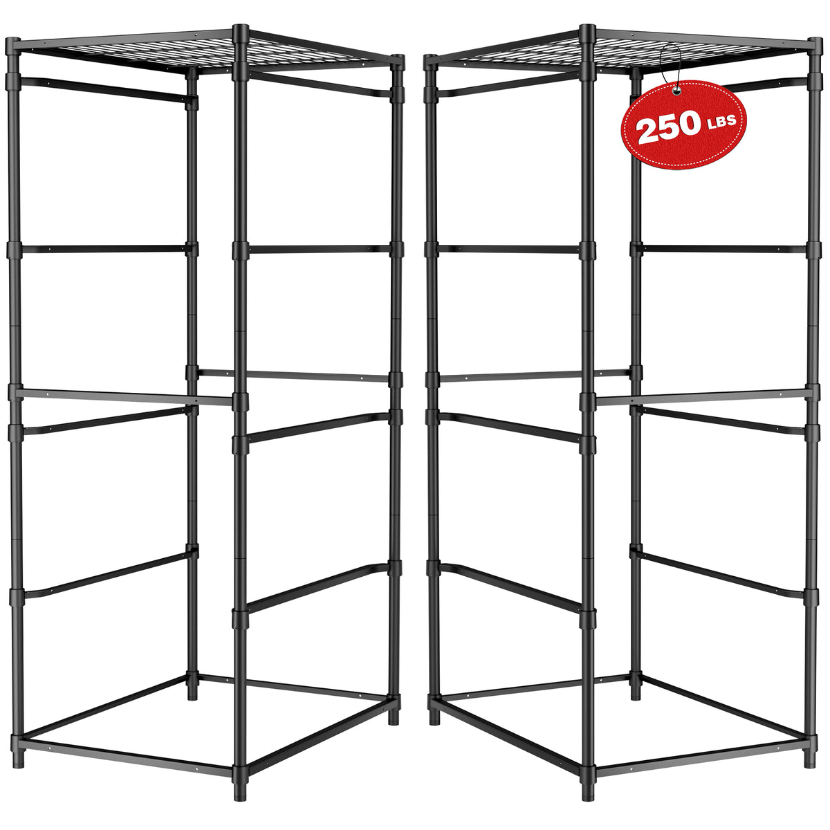 Workpro 2-pack 5-tier metal storage racks in black, freestanding units with open wire shelves and braced frames.