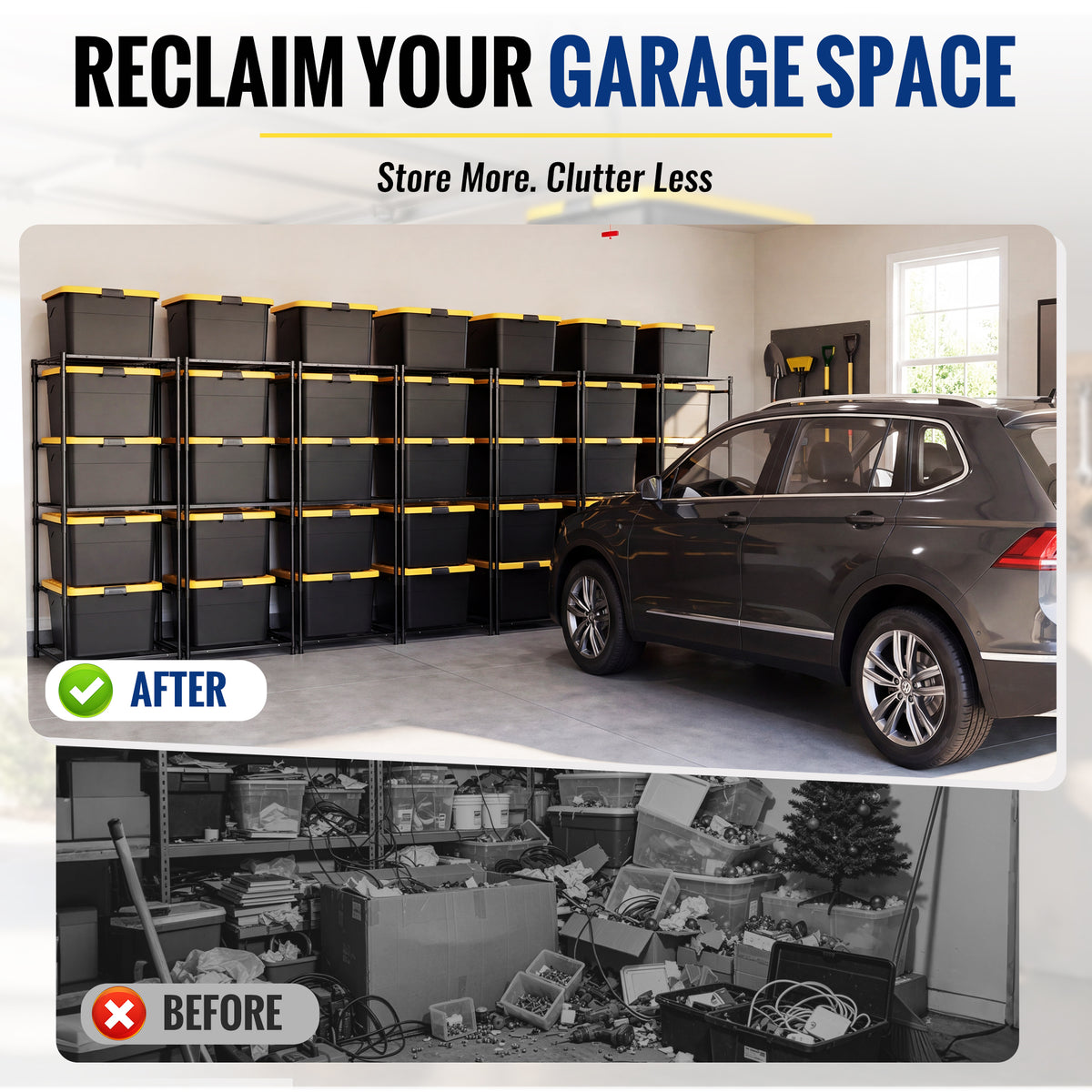 Workpro 2-pack 5-tier heavy-duty metal storage rack in black, organizing a cluttered garage space