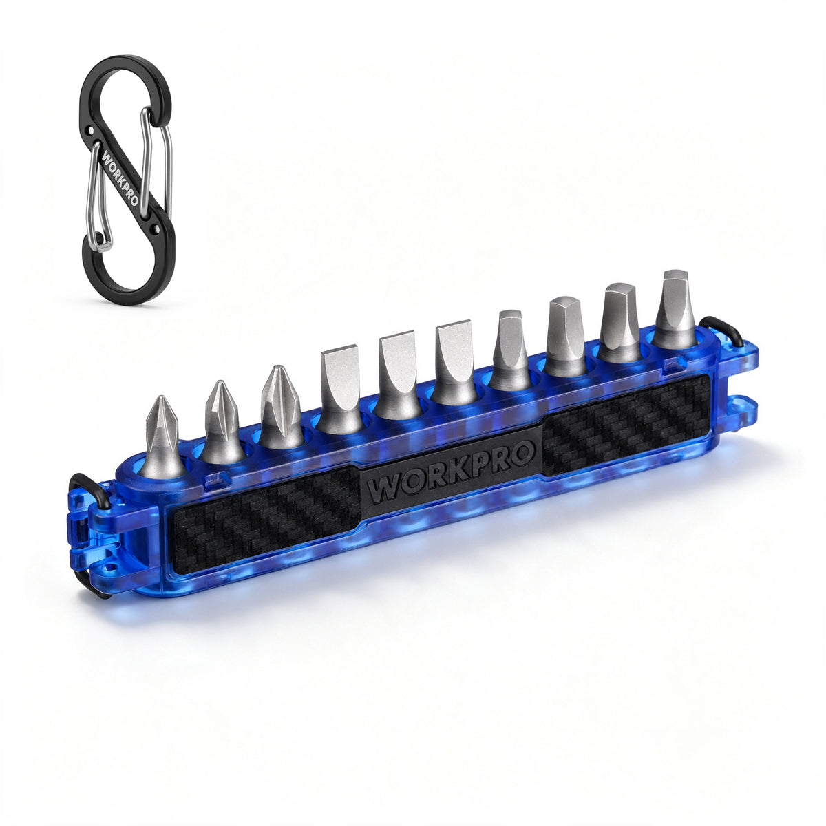 Workpro 1/4 inch hex bit holder with carabiner, blue with 2Cr13 steel rings and stackable alignment recesses