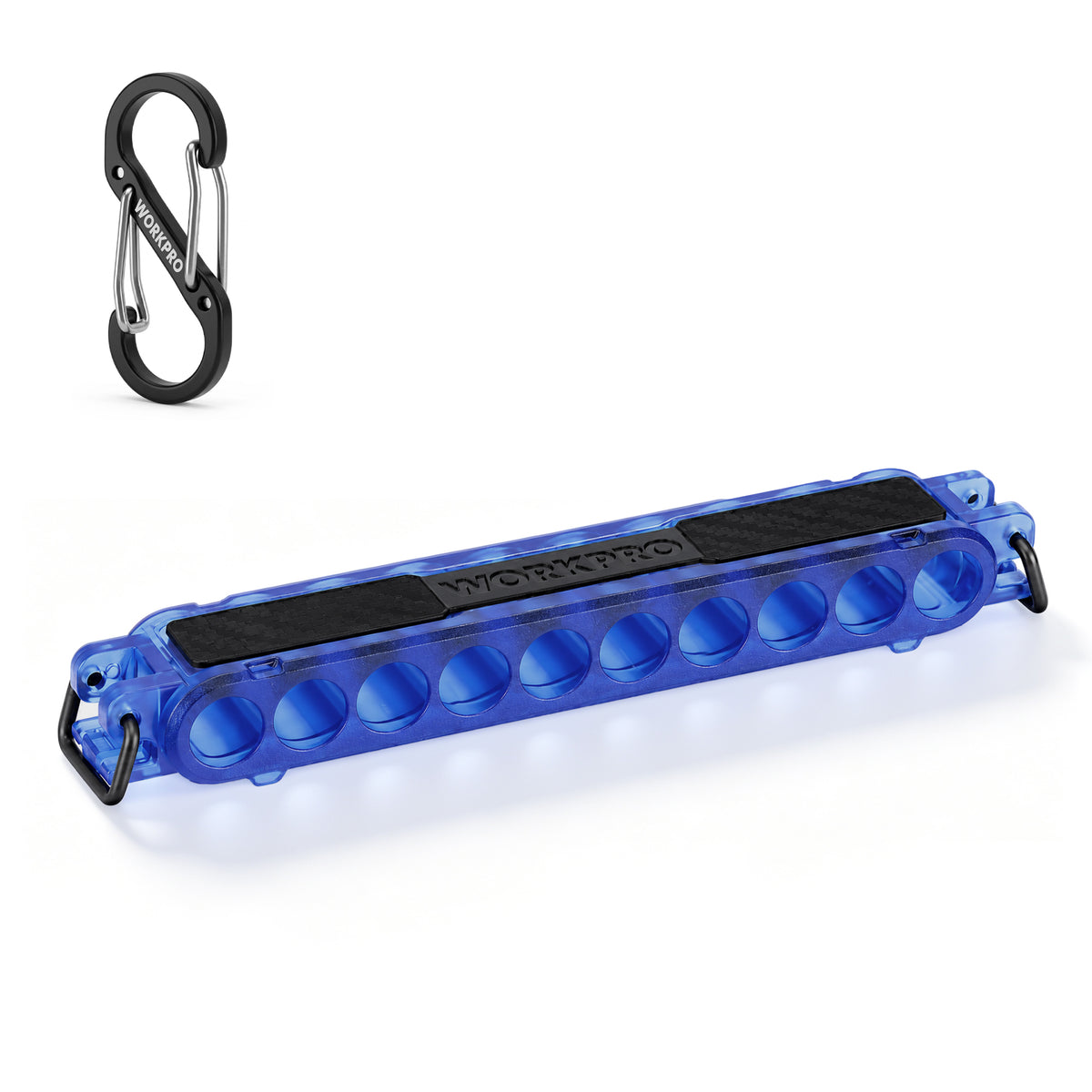 Workpro 1/4 inch hex bit holder, 10-hole bit organizer with carabiner, shown in blue with 2Cr13 steel rings.