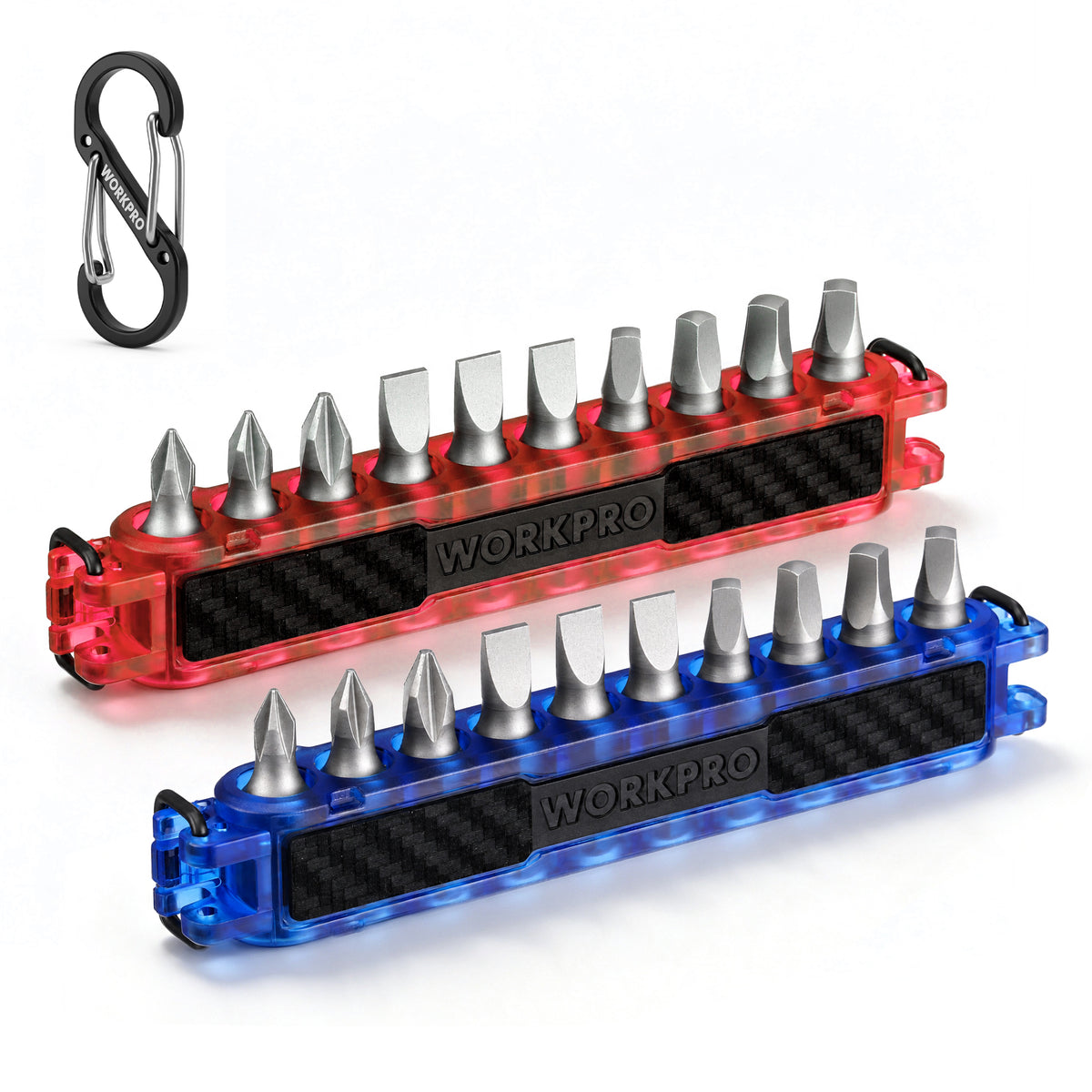 Workpro 2-pack 1/4 inch hex bit holders in red and blue with 20-position storage capacity for hex bits.