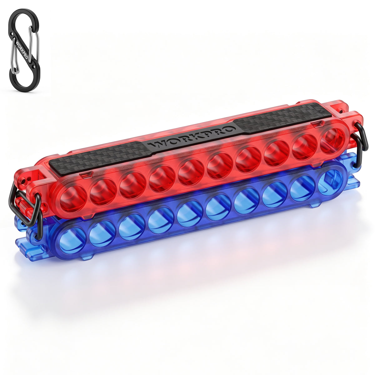 Workpro 2-pack 1/4 inch hex bit holders with carabiners in red and blue, featuring 20-position capacity