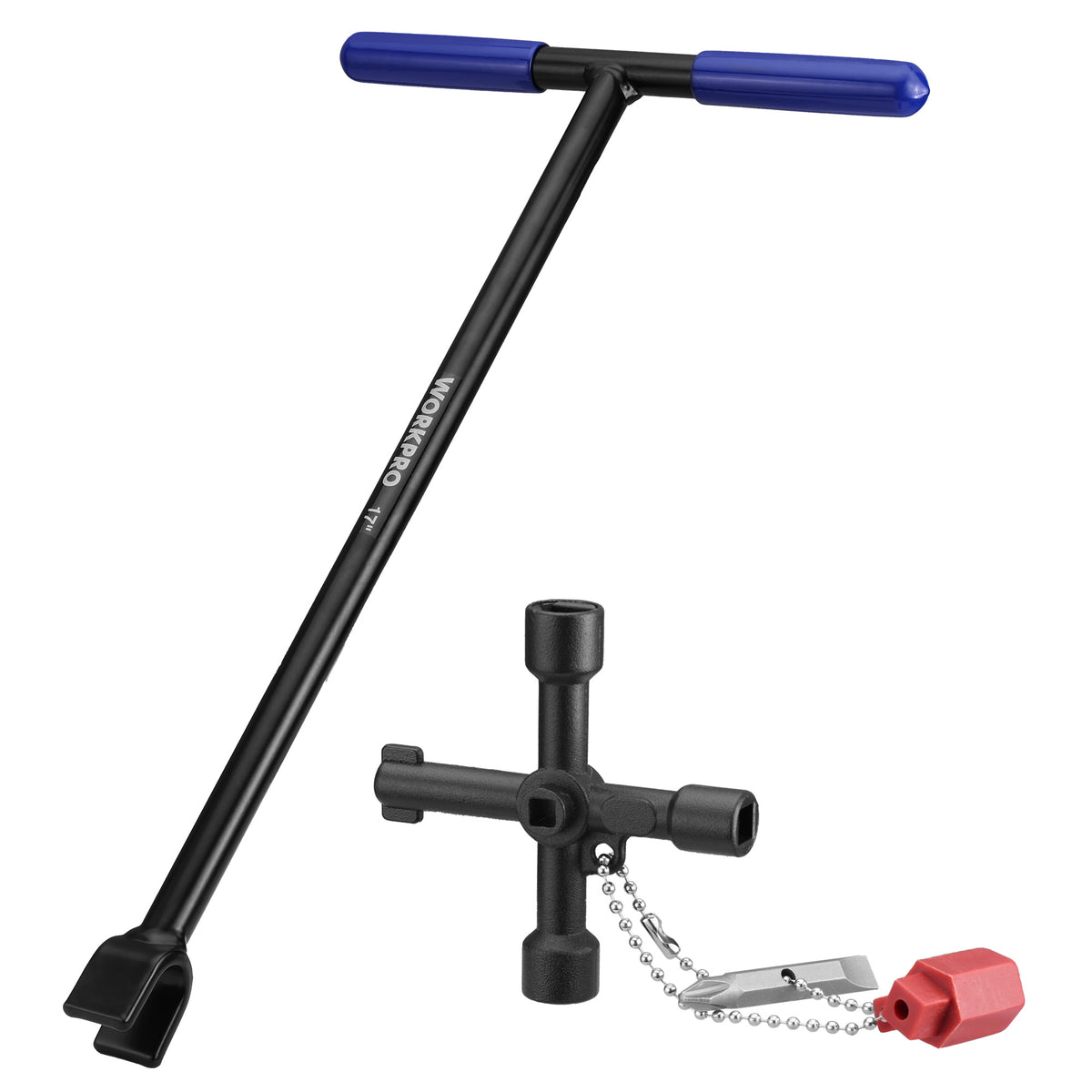 Workpro water meter key with 4-way utility key, blue grips and a chained red accessory on a white background