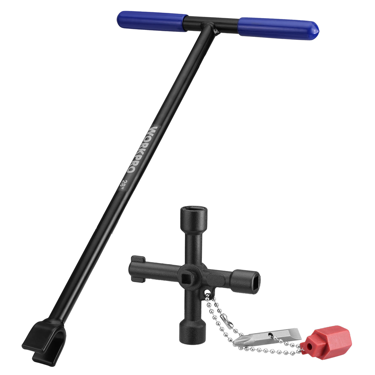 Workpro 28 inch water meter key with four-way utility key, black shaft, blue grips, and attached red adapter.
