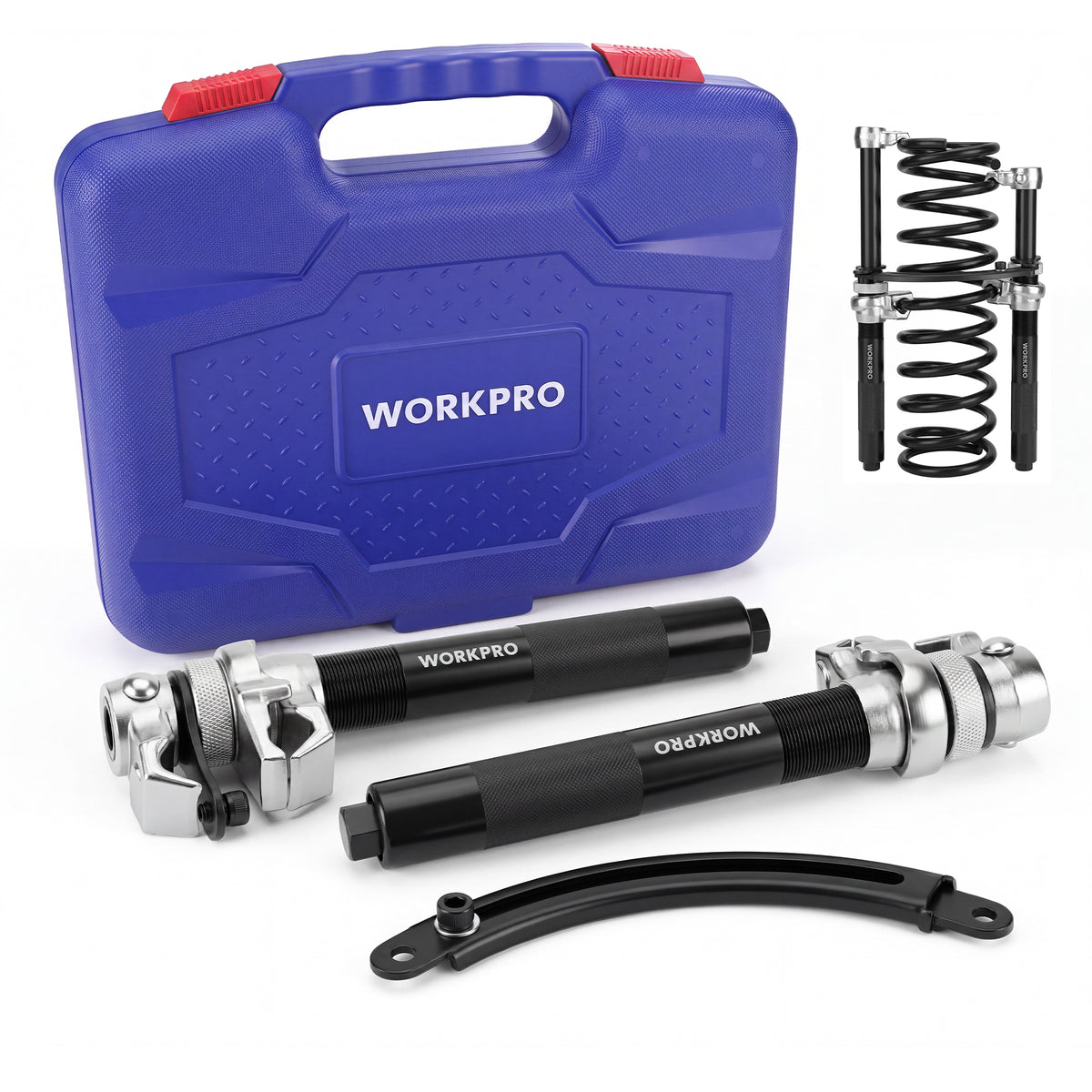 Workpro 2-piece heavy duty coil spring compressor tool set, 2200 lb capacity with blue carrying case and steel hooks