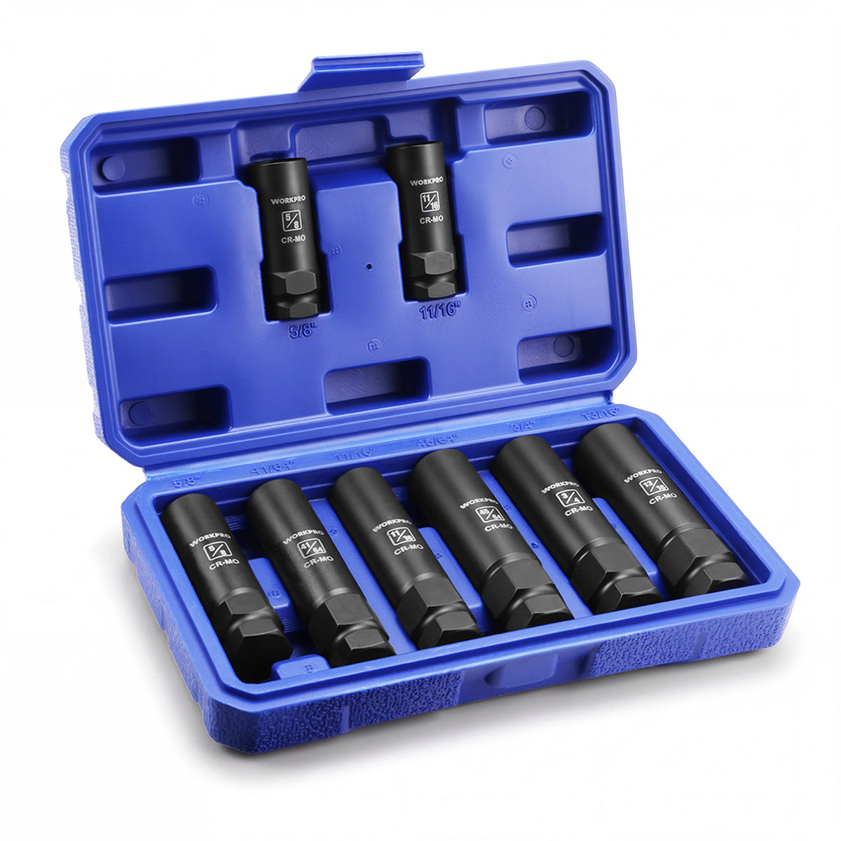 Workpro spline lug nut socket set in a blue organized storage case with CR-MO steel construction for wheel maintenance.