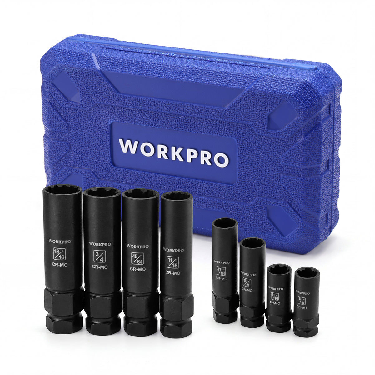 Workpro spline lug nut socket set with black CR-MO steel components and blue storage case for wheel maintenance.
