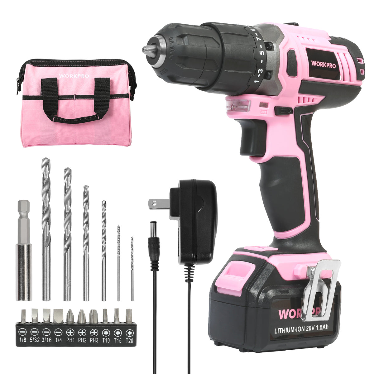 Workpro pink cordless 20V lithium-ion drill driver set with Pink Ribbon, 3/8 inch keyless chuck, charger and bits.