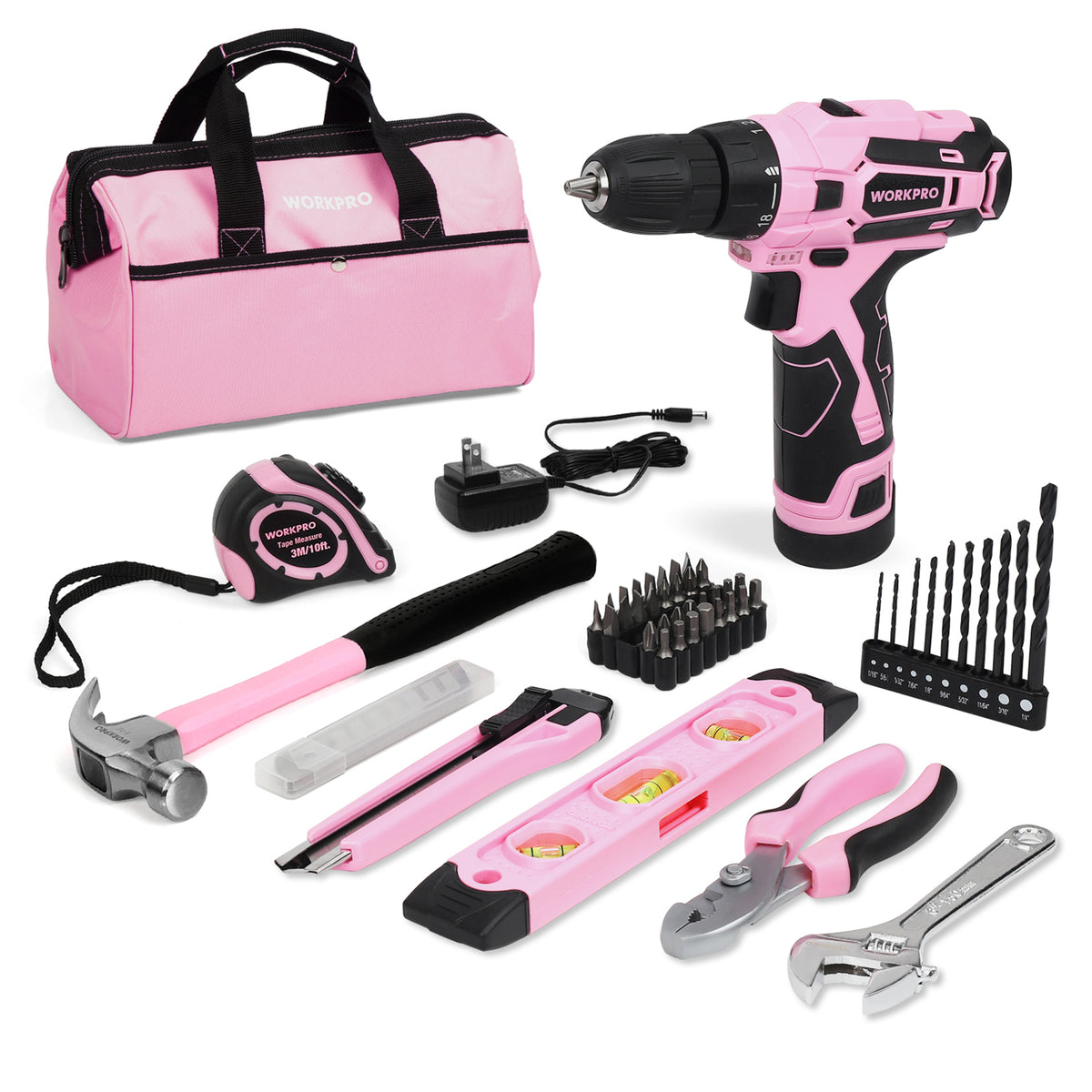 WORKPRO 12V Cordless Drill and Home Tool Kit with 14-inch Storage Bag in pink, innovation quality