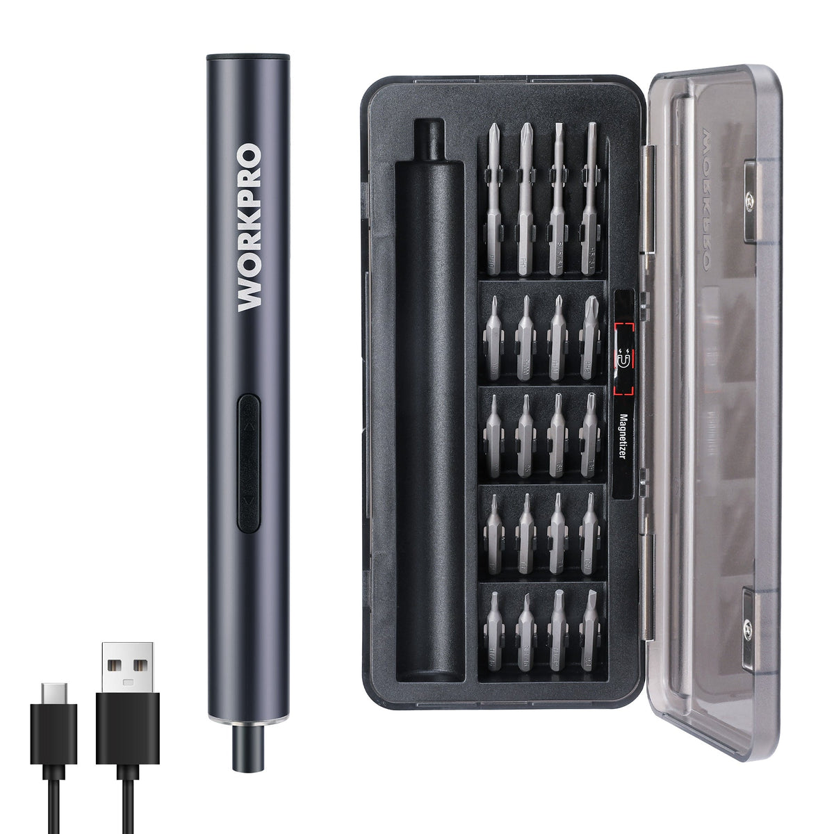 Mini electric precision screwdriver kit with magnetic bit case and charging cable