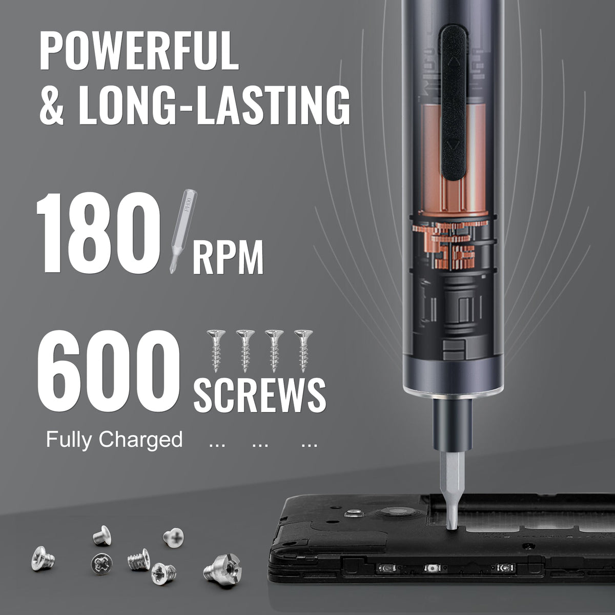 Mini electric precision screwdriver with extended bit output for compact fastening