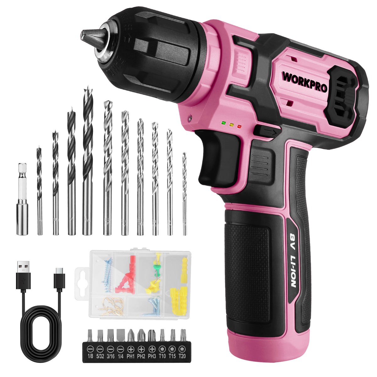 Pink and black 8V cordless drill driver kit with keyless chuck, bits, and storage case