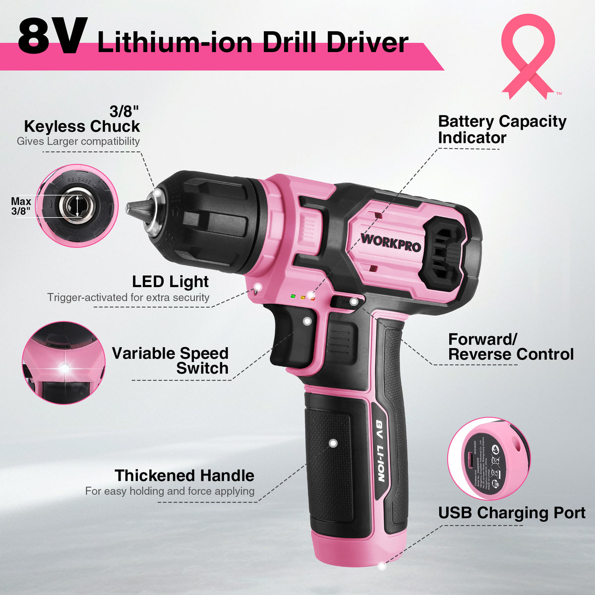 Pink and black 8V lithium-ion drill driver with 3/8 in keyless chuck and LED light