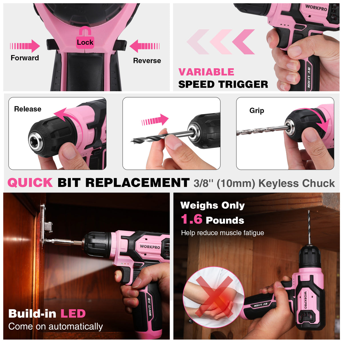 Pink cordless drill driver with quick bit replacement 3/8 in keyless chuck