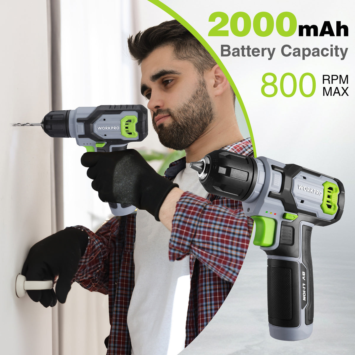 Cordless drill driver held in hand with green accents and keyless chuck