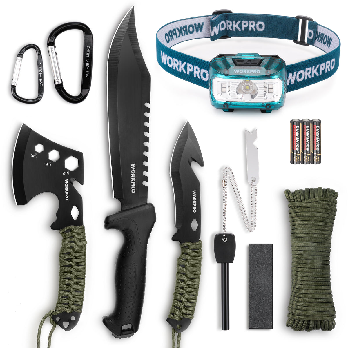 WORKPRO machete and camping hatchet set with sheath and headlamp, innovation quality high-quality durable secure