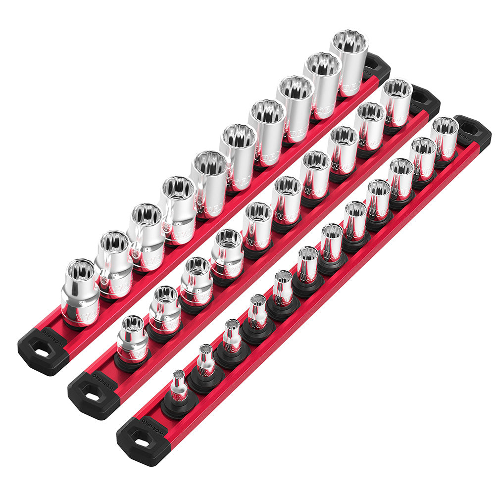 WORKPRO 3 Pcs Aluminum Alloy Magnetic Socket Organizer Set in red with durable quality innovation