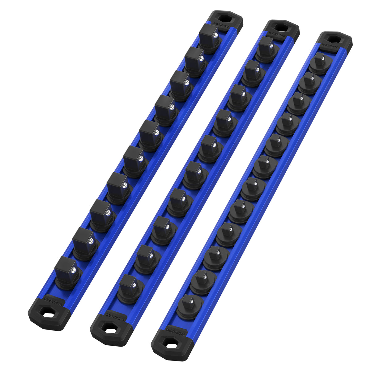 WORKPRO 3 Pcs Aluminum Alloy Magnetic Socket Organizer Set with blue rails, innovation quality and secure durable clips