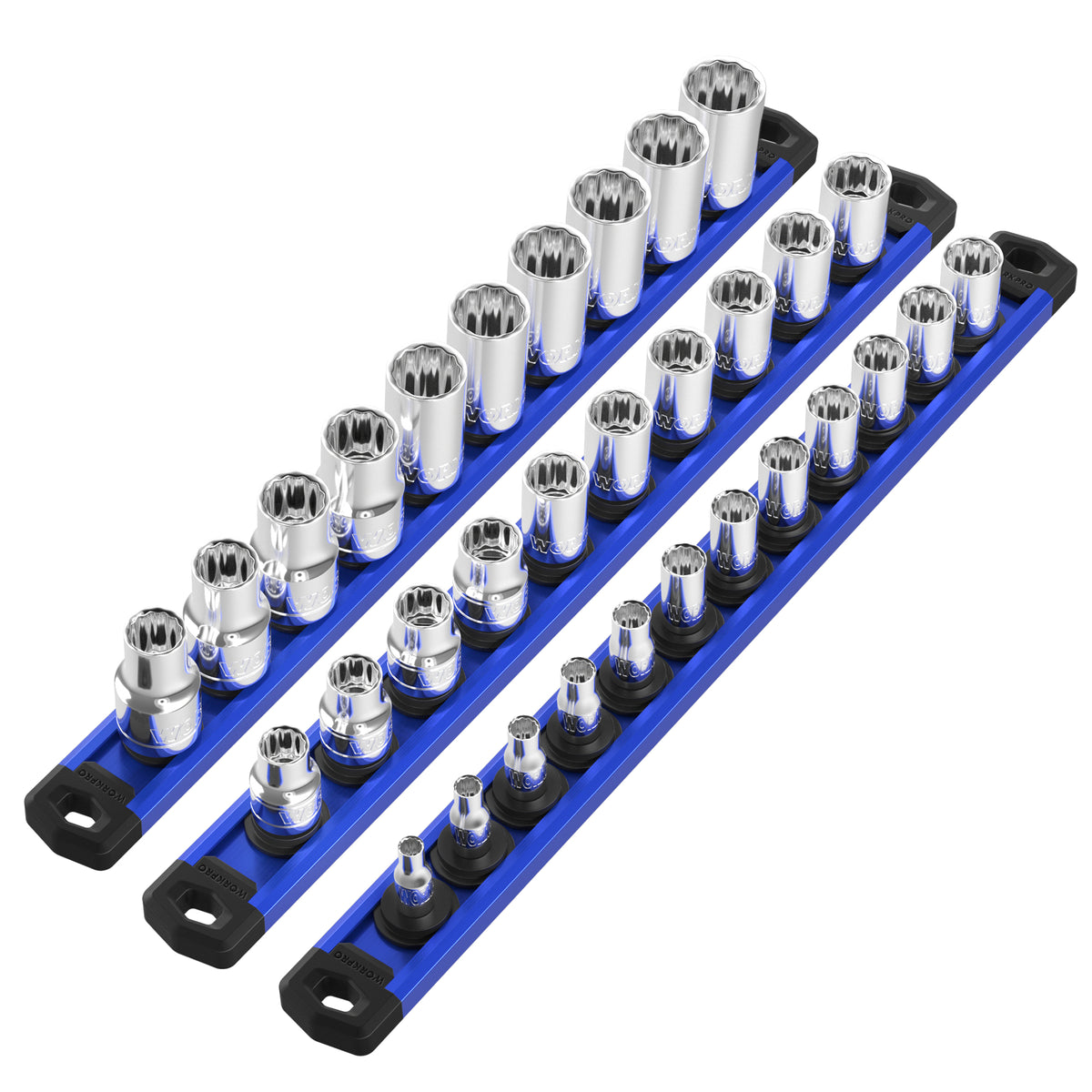WORKPRO 3 Pcs Aluminum Alloy Magnetic Socket Organizer Set, blue innovation quality with secure durable clips