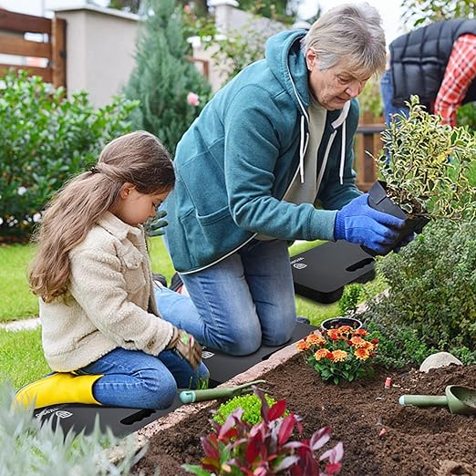 Black kneeling pad used while gardening on the ground