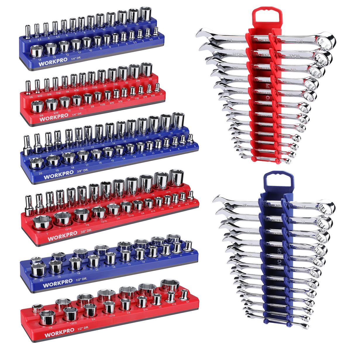 Magnetic socket organizer set with blue/red rails and chrome sockets, slot posts