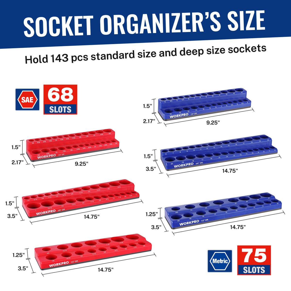 Socket organizer set diagram showing red and blue trays for metric and SAE slots