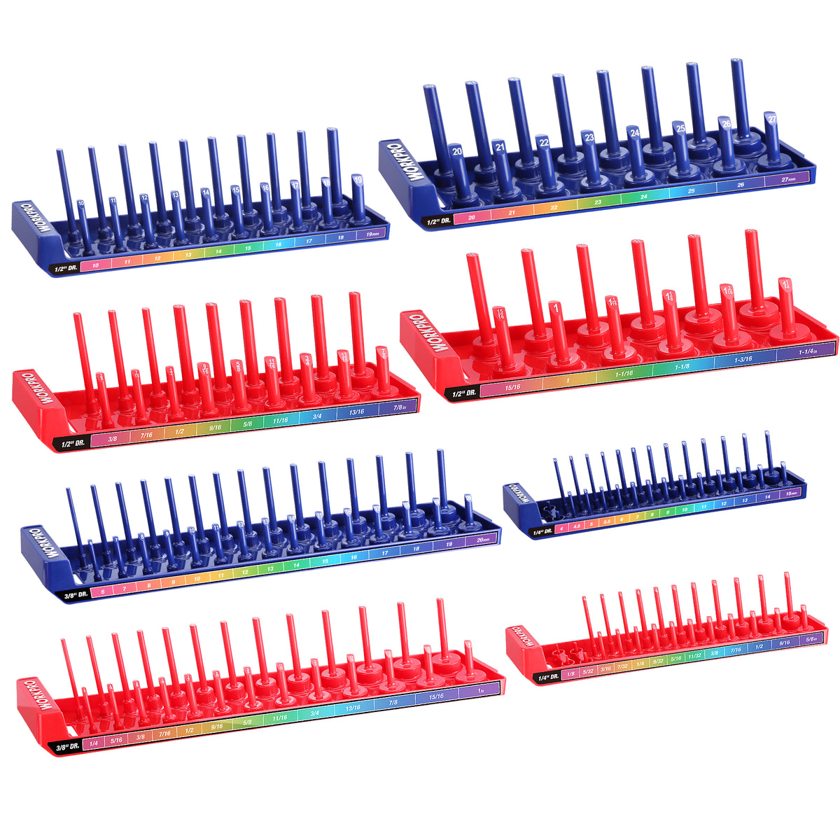 Workpro socket organizer set in red and blue with dual track storage for long and short sockets