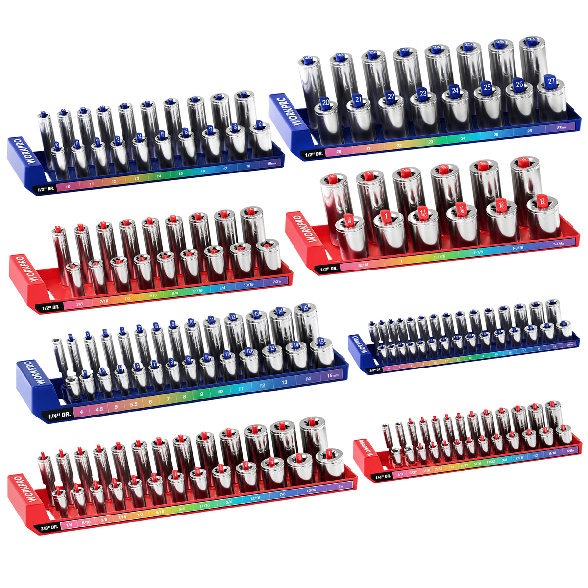Workpro socket organizer set in blue and red with visible size markings and carrying handles.