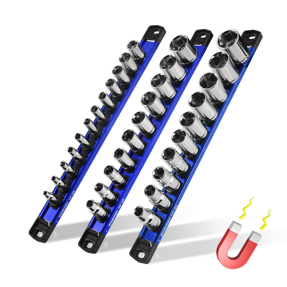 WORKPRO Magnetic Socket Organizer Set with quality durable aluminum alloy rails and secure removable clips