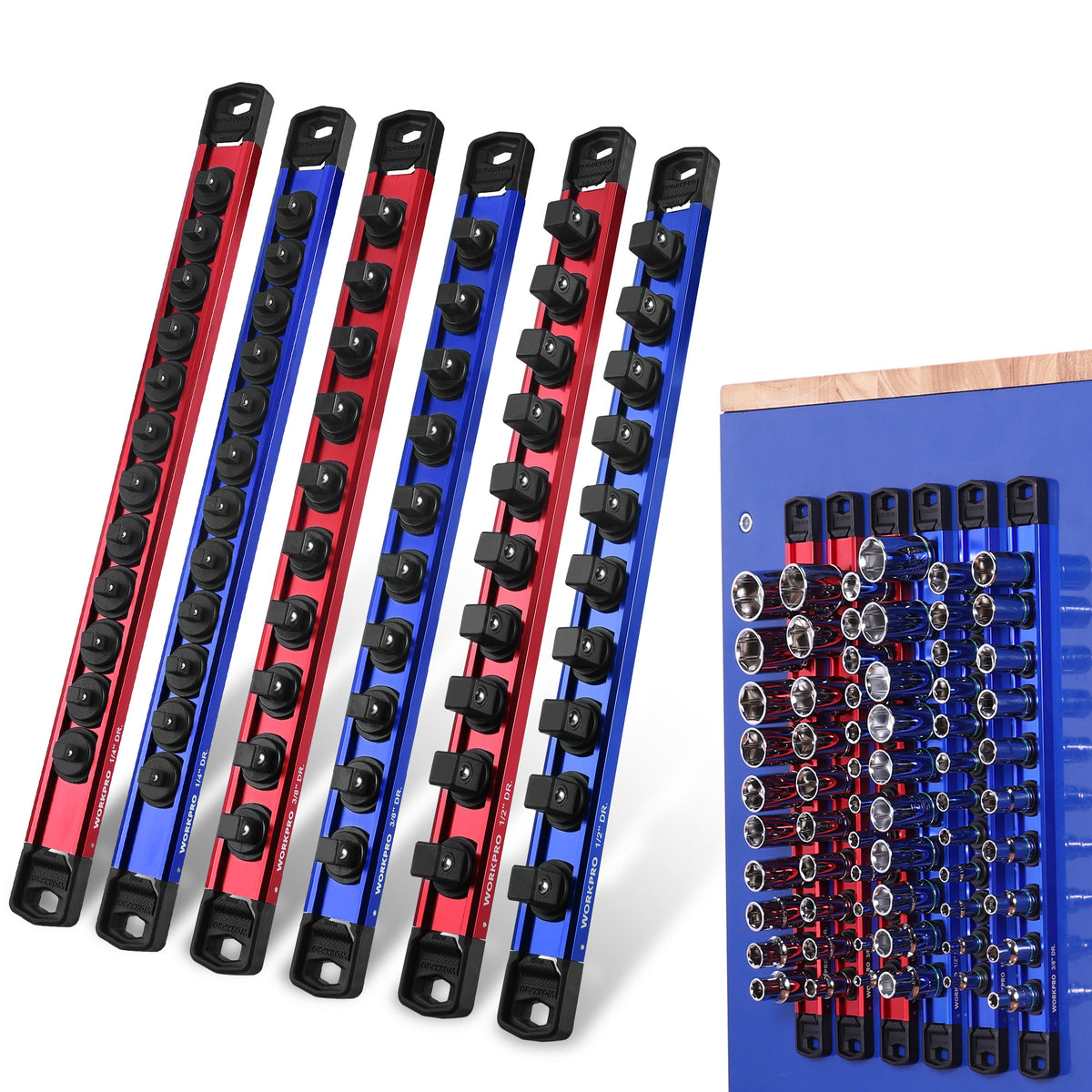 Five long metal socket wrenches in red and blue anodized finishes with black sockets, shown alongside a blue wall-mounted rack holding multiple sockets.