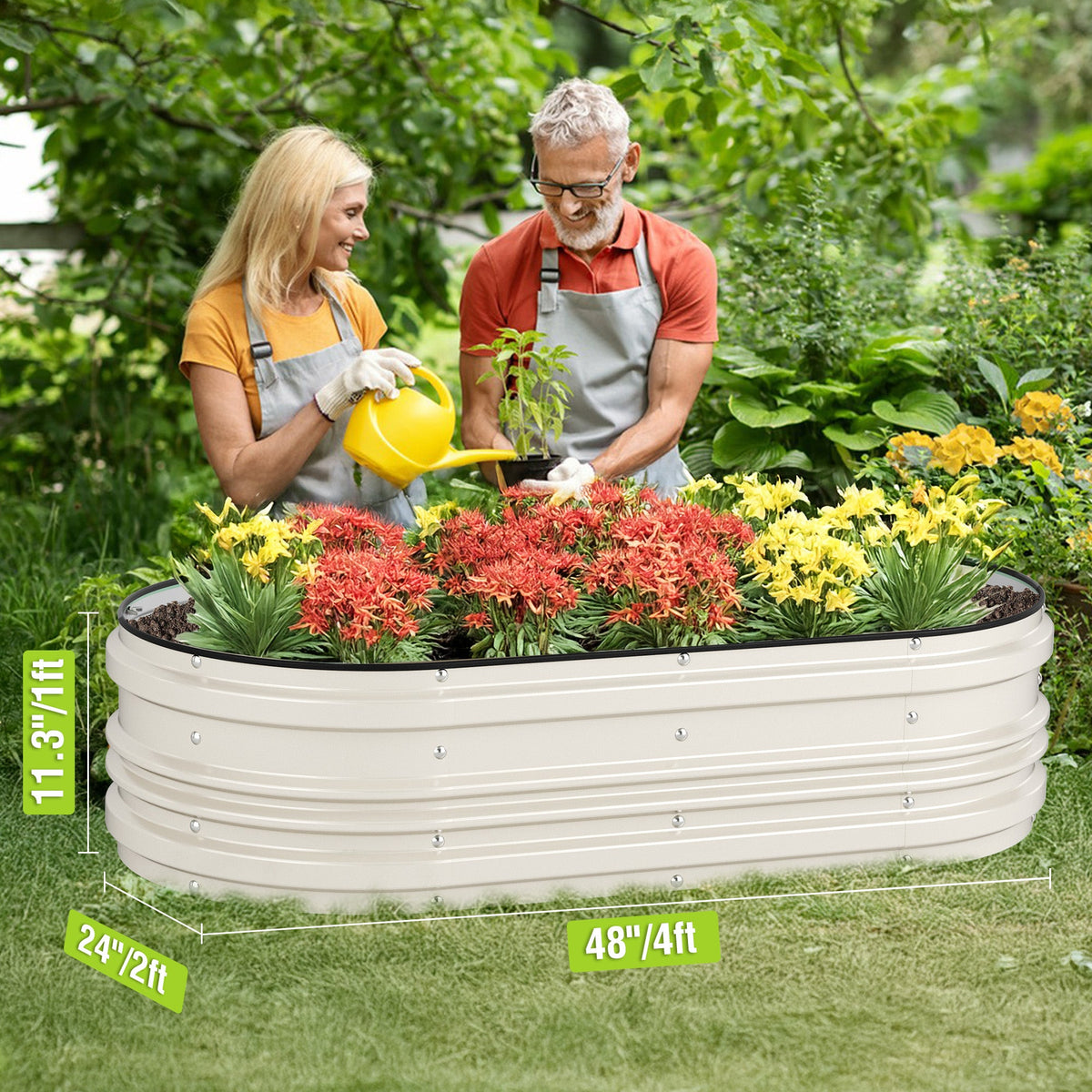 White raised garden bed with flower and herb plants, installed in yard