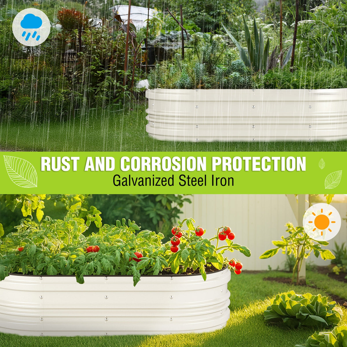 White galvanized raised garden bed outdoors with sprinkling water, rust protection