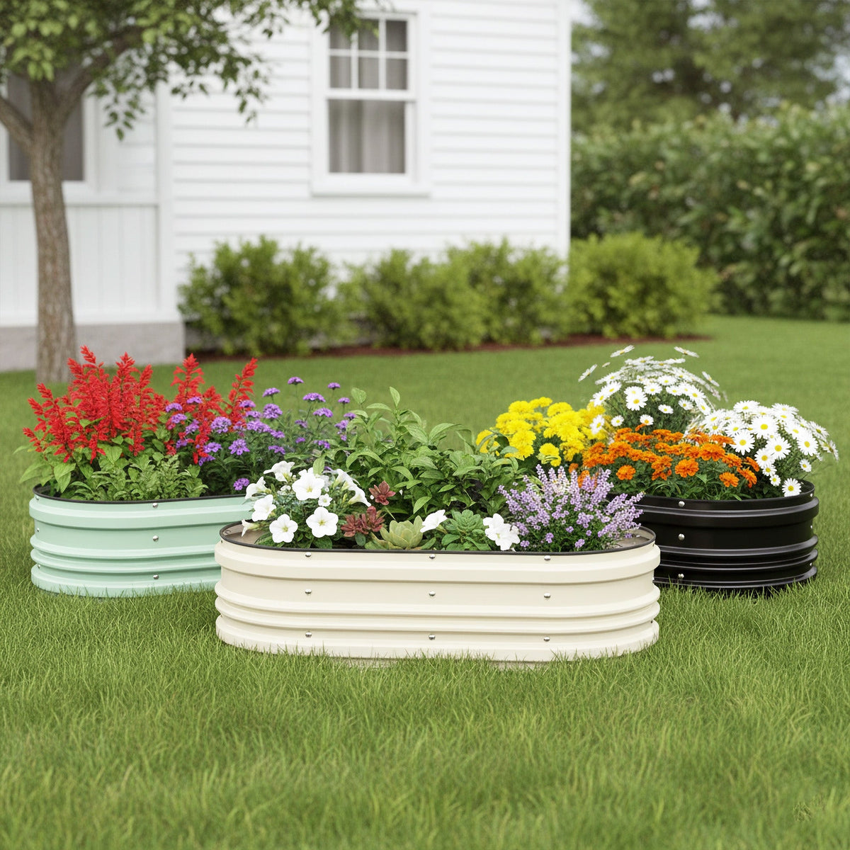 White raised garden bed planter filled with colorful flowers in a backyard