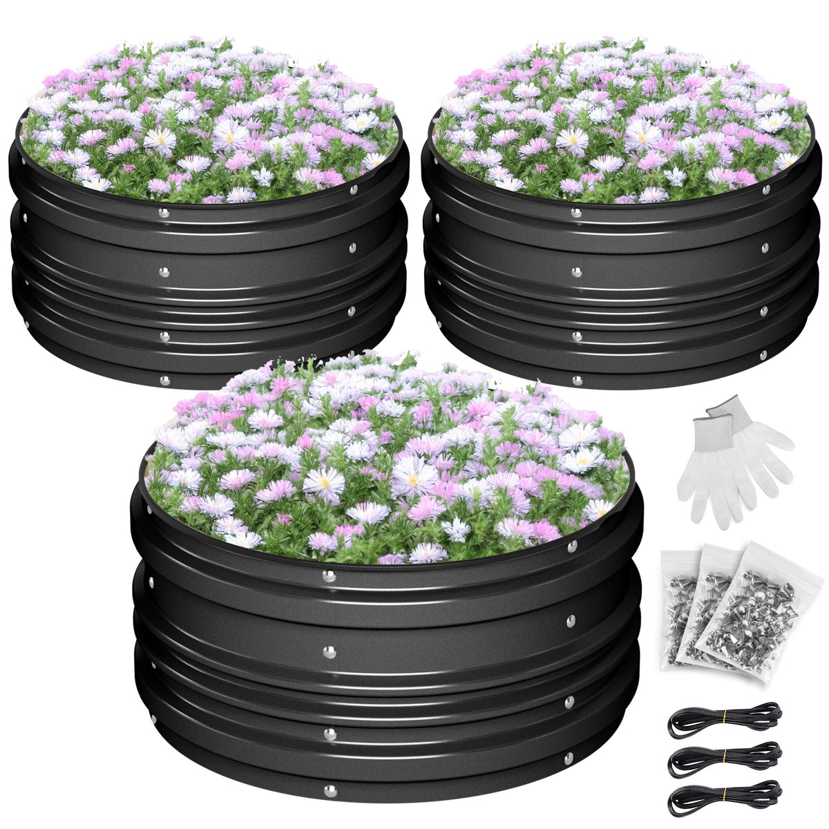 Black 3-piece raised garden bed set with wavy steel sides and flowers inside