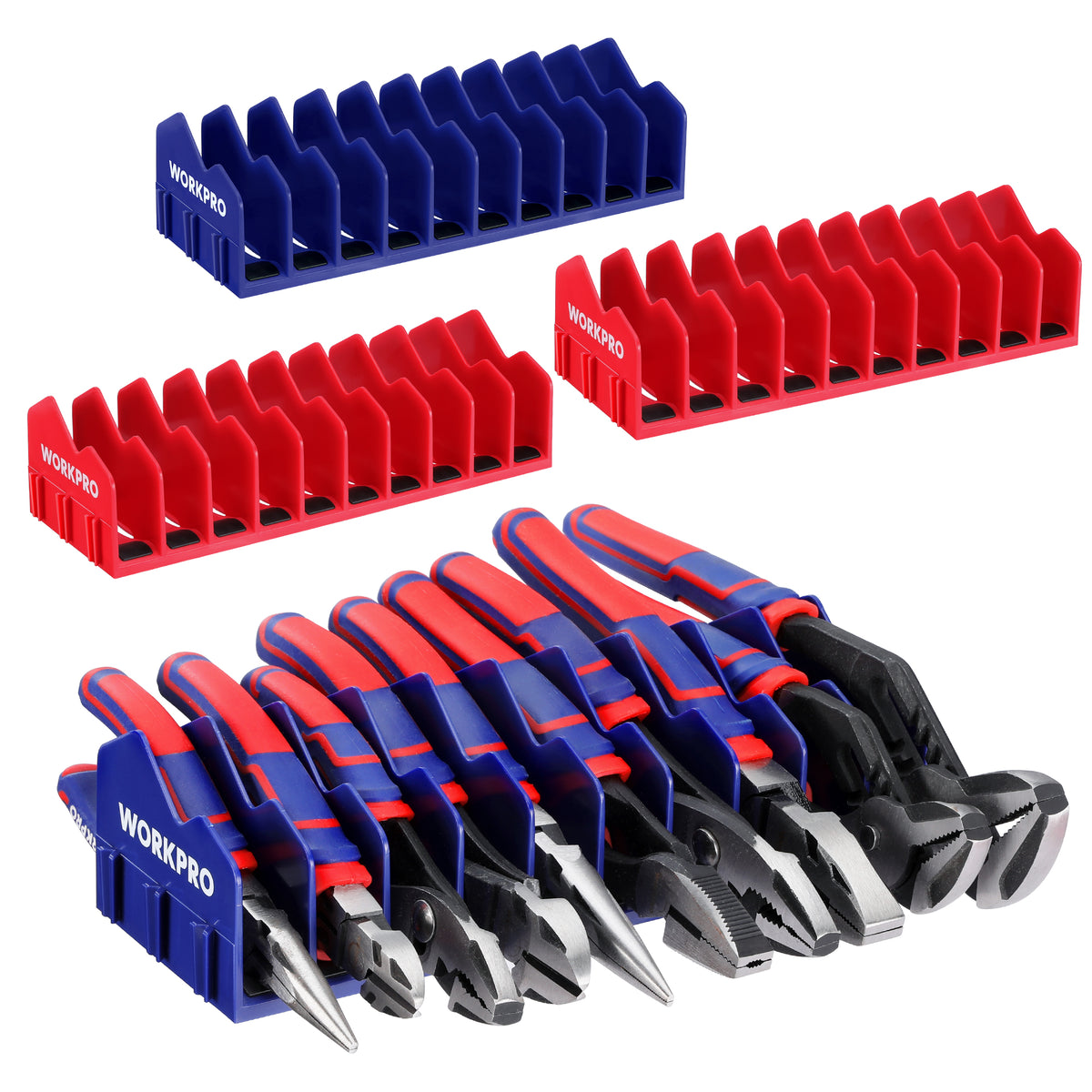 WORKPRO 4-Pack Plier Organizer Rack in blue and red with innovation, quality, and durable non-slip base