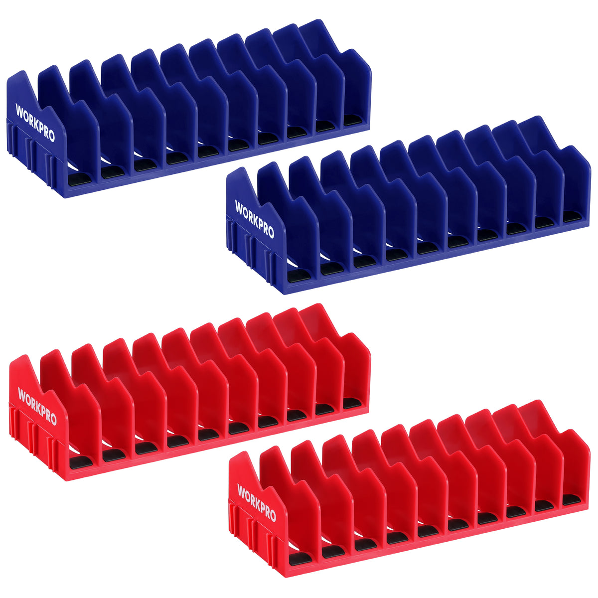 WORKPRO 4-Pack plier organizer rack in blue plastic with non-slip rubber base, secure and durable quality