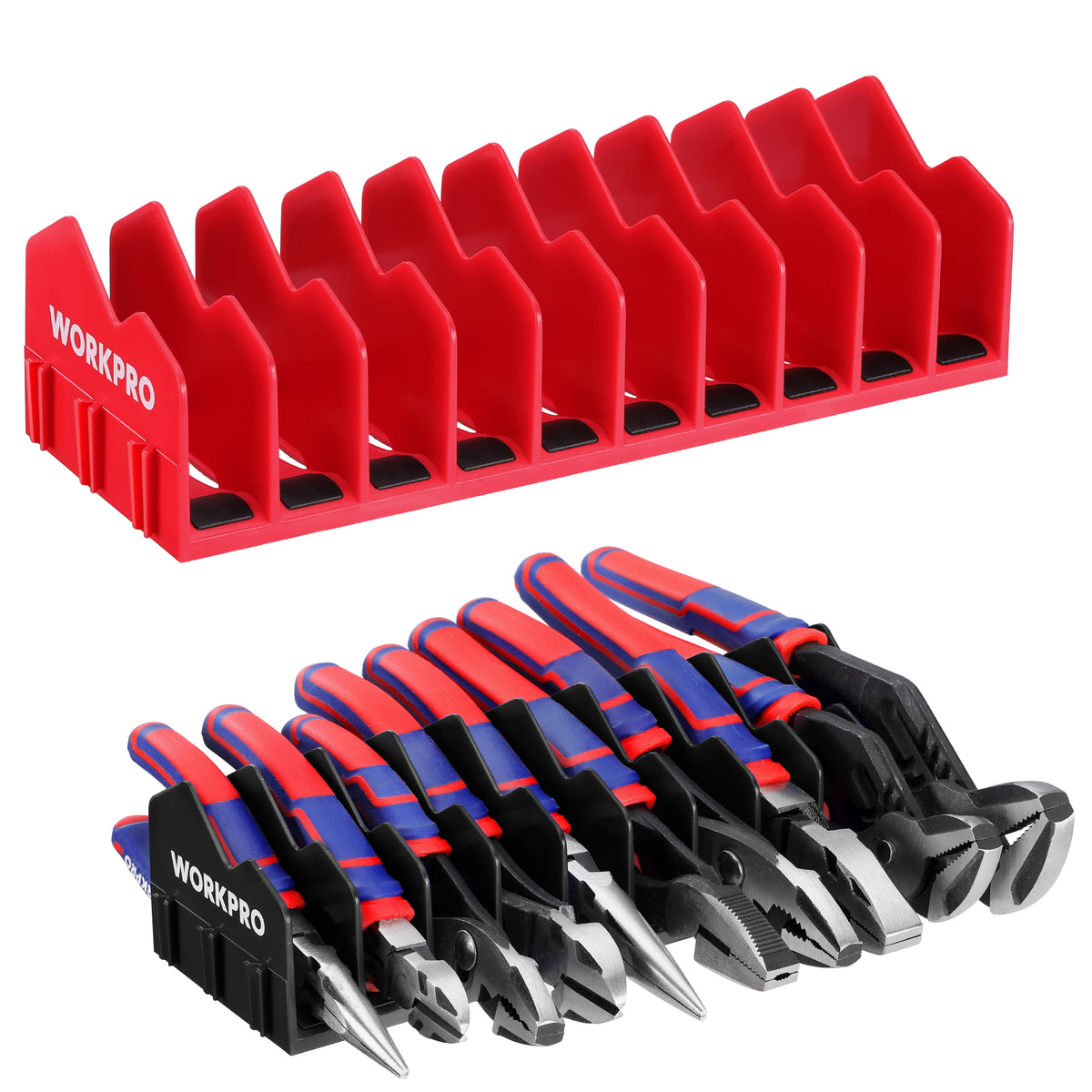 WORKPRO 2-Pack plier organizer rack in red plastic with non slip rubber base, durable quality innovation