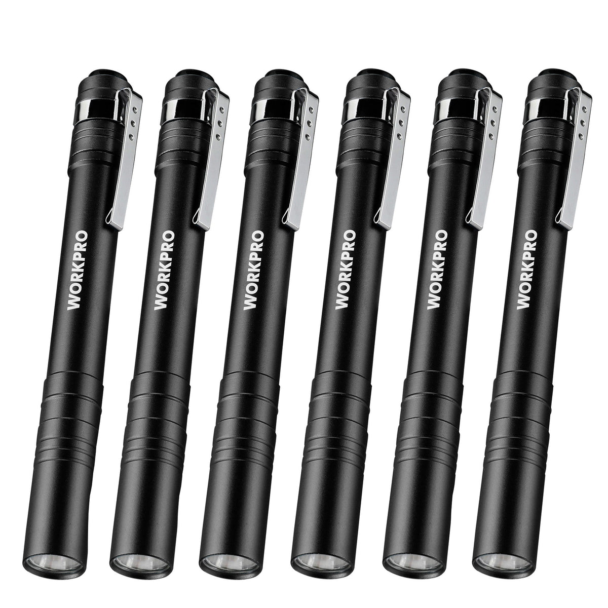 Set of six black LED pocket pen flashlights with metal clips, cylindrical design