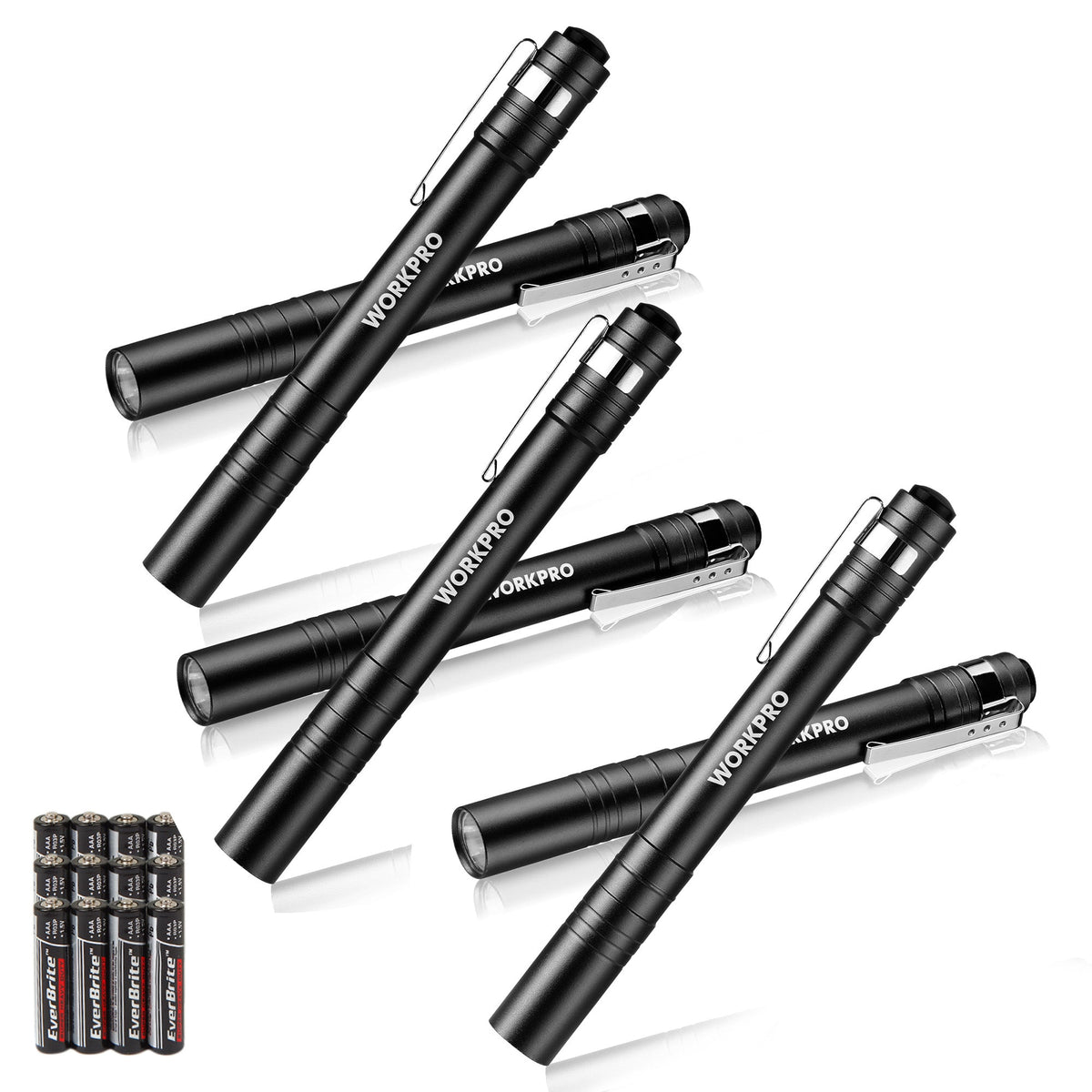 Six black LED pen flashlights with metal clips, angled group view